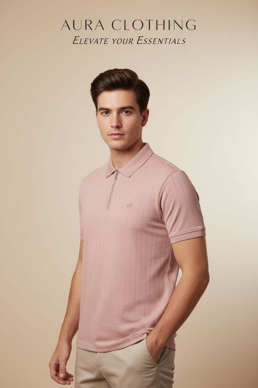 Black textured polo shirts with a quarter-zip colla