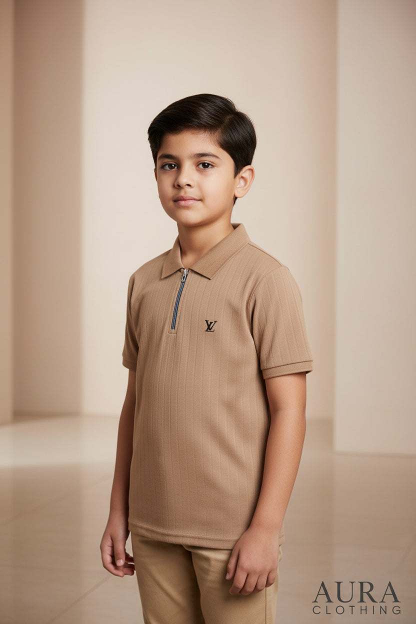 Black textured polo shirts with a quarter-zip colla