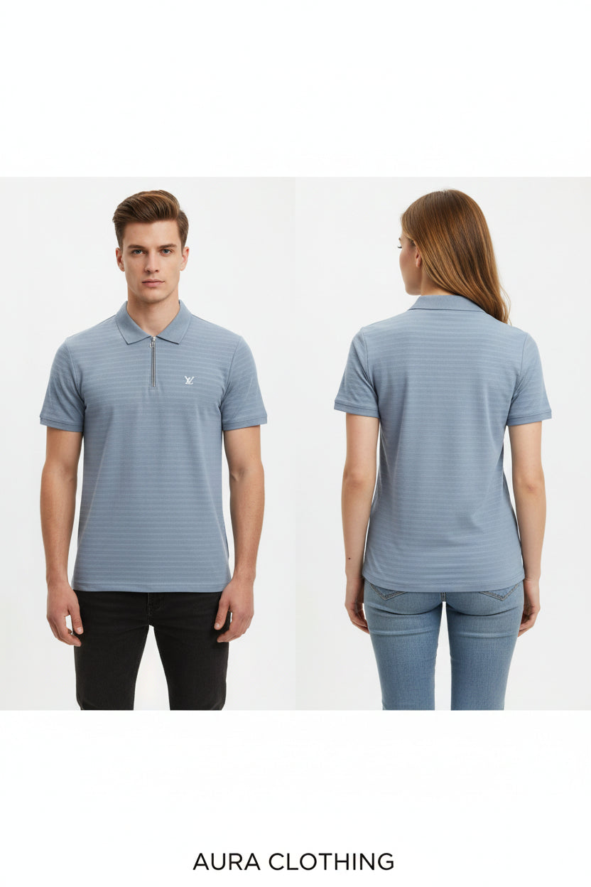 Black textured polo shirts with a quarter-zip colla