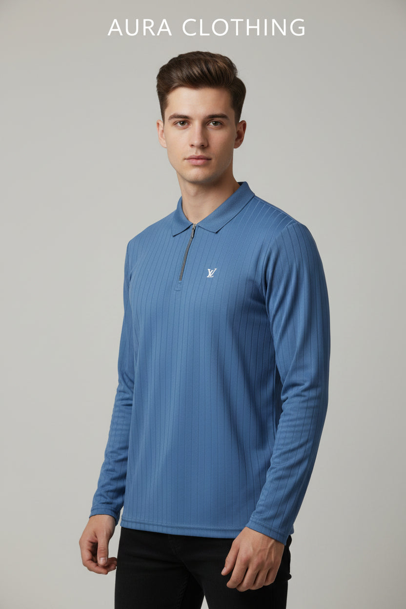 Black textured polo shirts with a quarter-zip colla